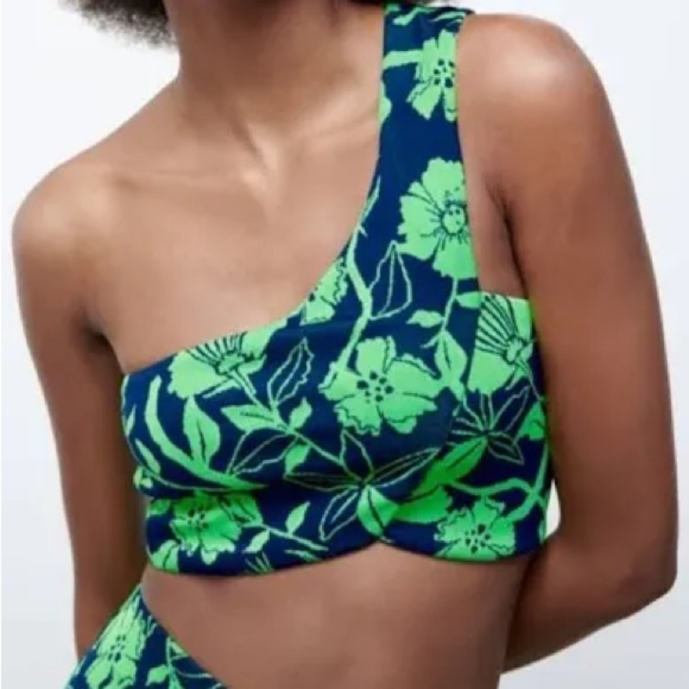 Zara Blue Green Floral Jacquard One Shoulder Crop Tank Top Size Small  NWT